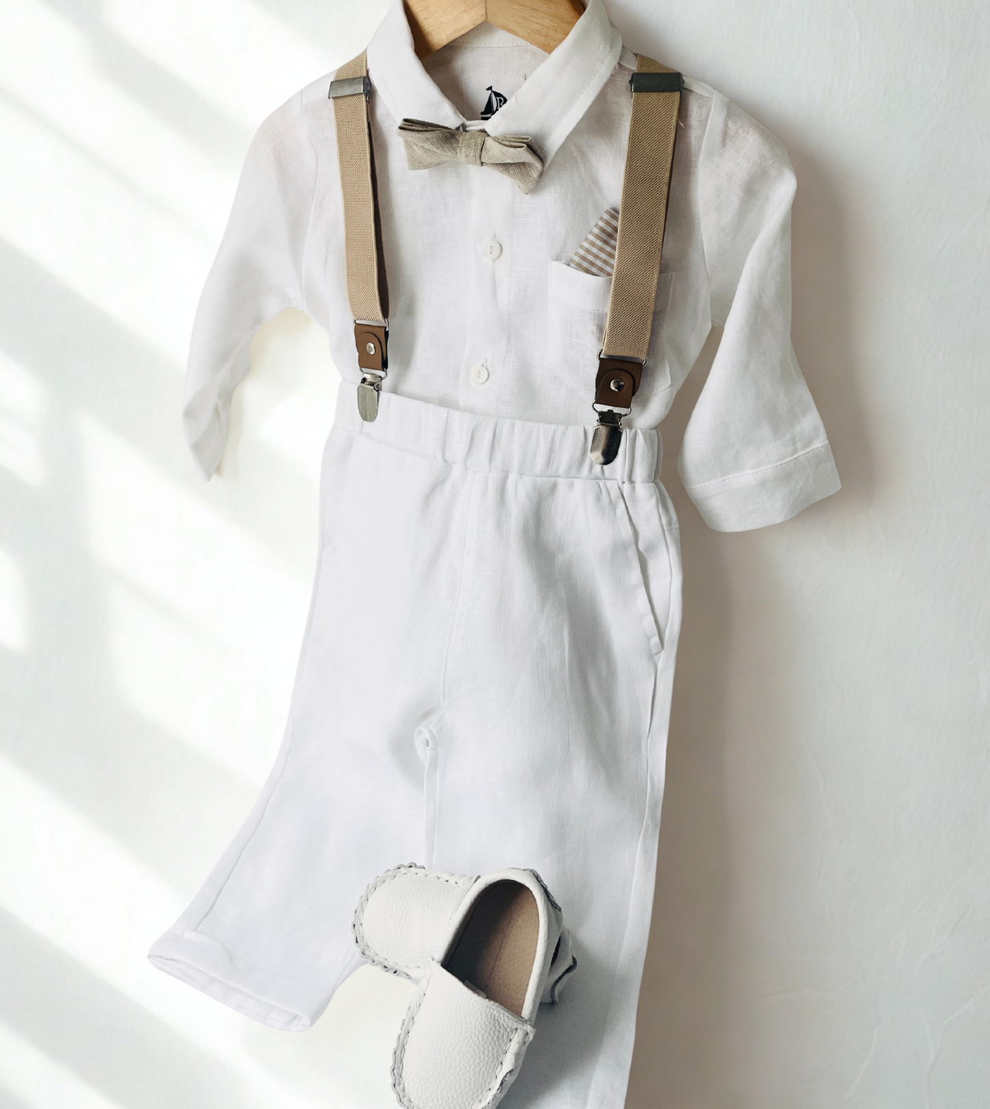 White and Beige Linen Set with optional Jacket Accessories and Embroidery Available