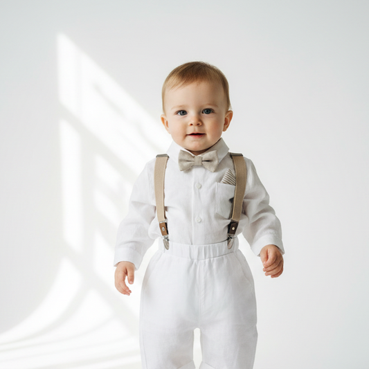 White and Beige Linen Set with optional Jacket Accessories and Embroidery