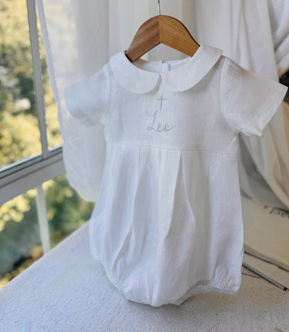 Linen Baptism peter pan collar bubble romper with optional embroidery customisation