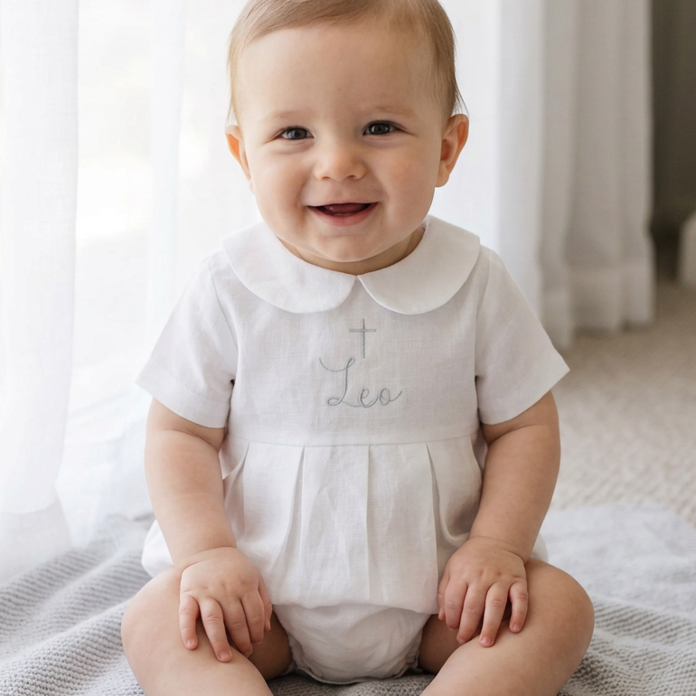 Linen Baptism peter pan collar bubble romper with optional embroidery customisation