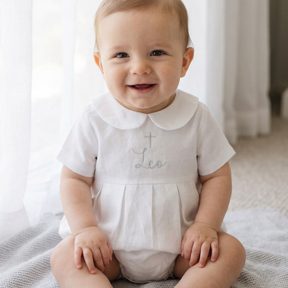 Linen Baptism peter pan collar bubble romper with optional embroidery customisation