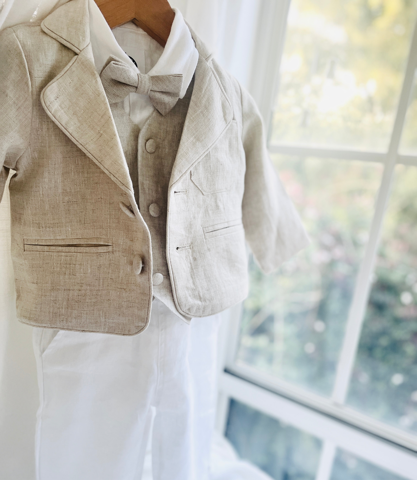 White and Beige Linen set with vest, shirt, pants, suspenders and bowtie plus optional jacket, cap and shoes