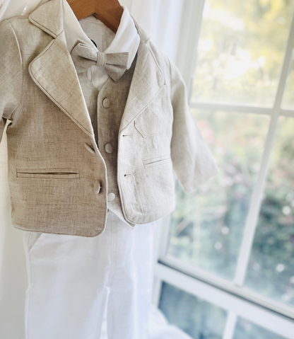 White and Beige Linen set with vest, shirt, pants, suspenders and bowtie plus optional jacket, cap and shoes