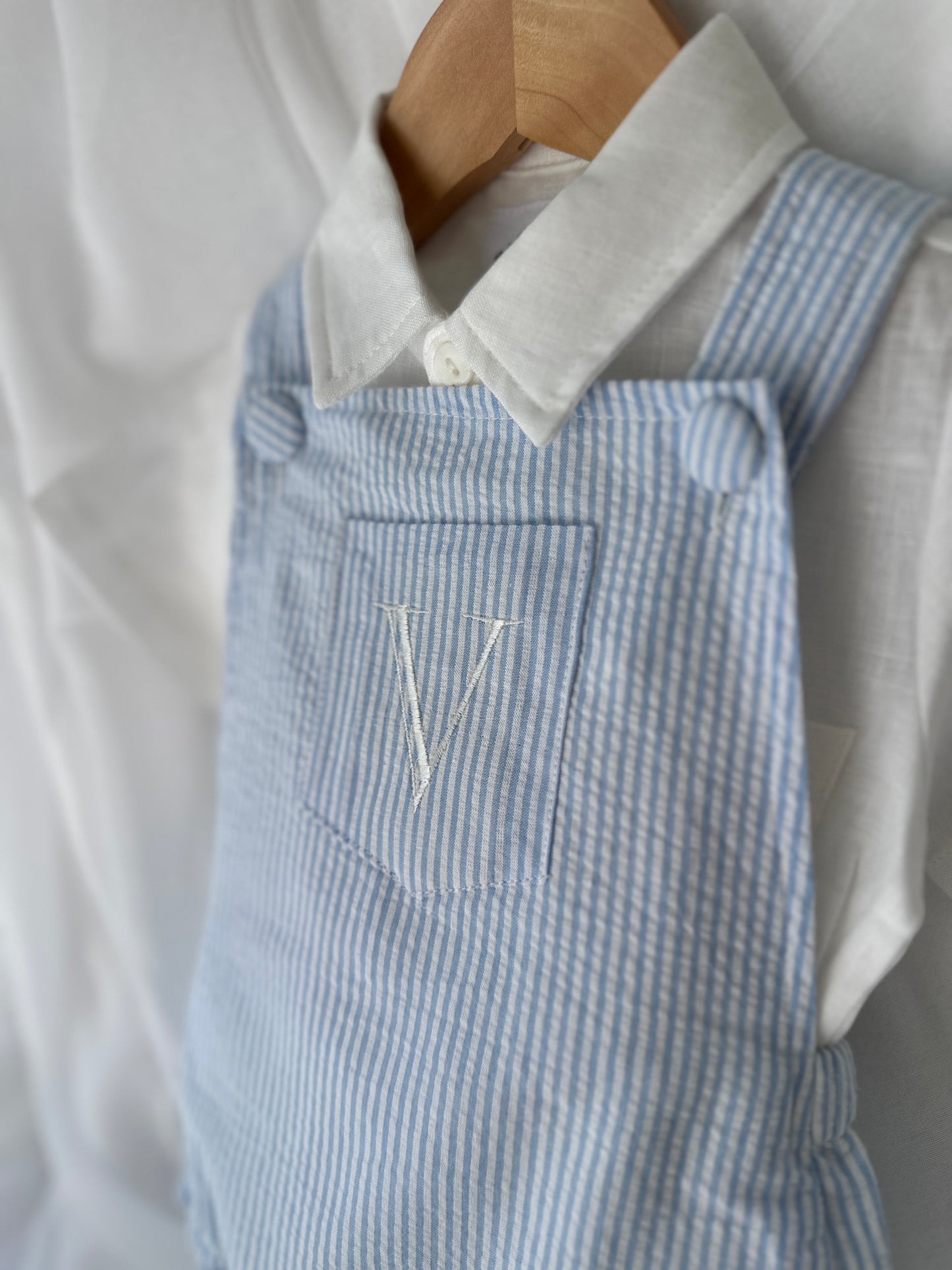 Baby and Toddler boys blue and white linen baptism and birthday romper and shirt set