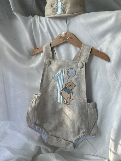 Boys Beige Linen First Birthday romper Pooh Bear and other designs