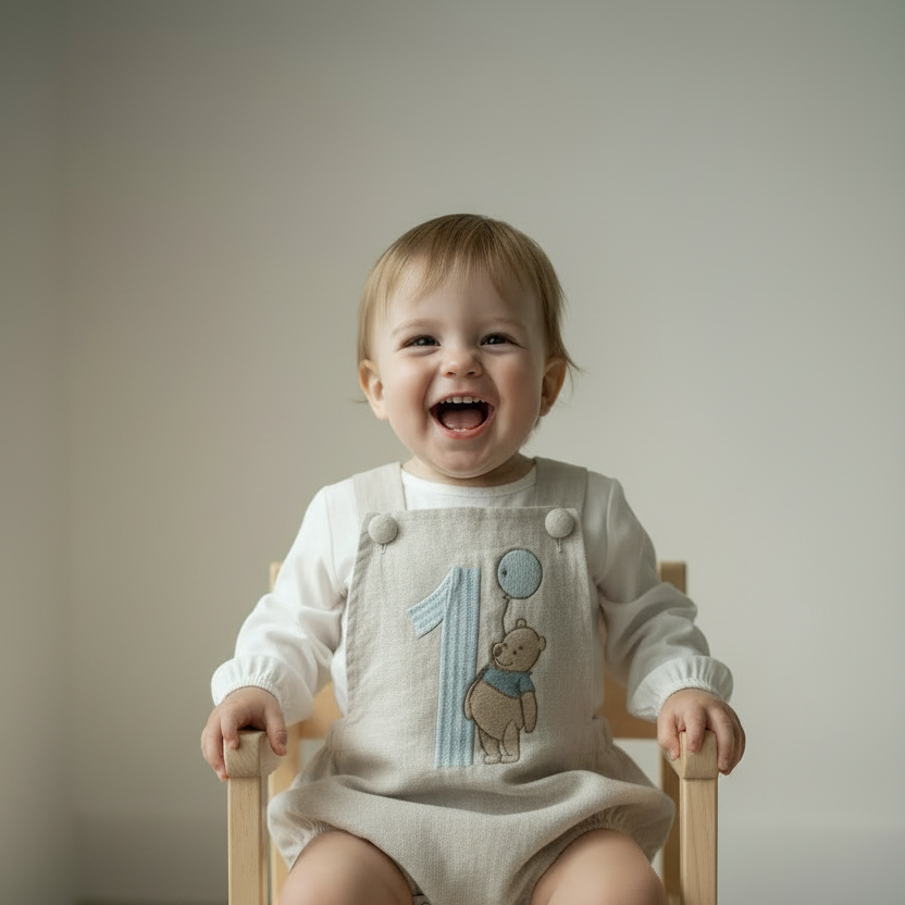 Boys Beige Linen First Birthday romper Pooh Bear and other designs