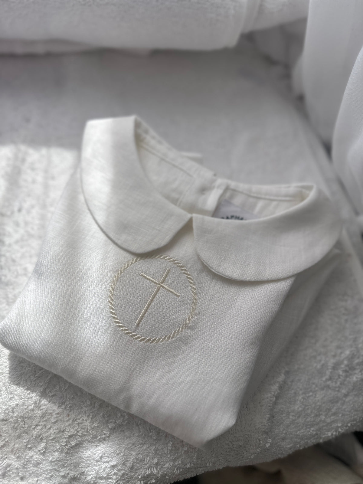 Pure Linen knee length Baptism Dress with embroidery and bloomers and optional ribbon