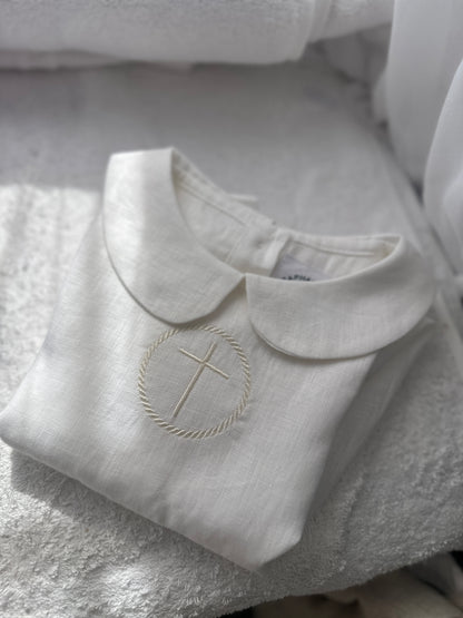 Pure Linen knee length Baptism Dress with embroidery and bloomers and optional ribbon