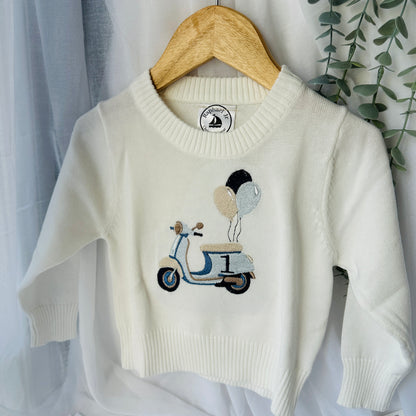 Warm white cotton sweater with optional first birthday embroidery