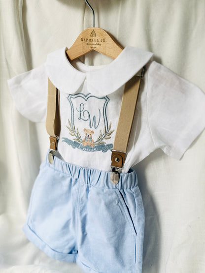 Blue and white linen first Birthday and Baptism blouse with suspender shorts set