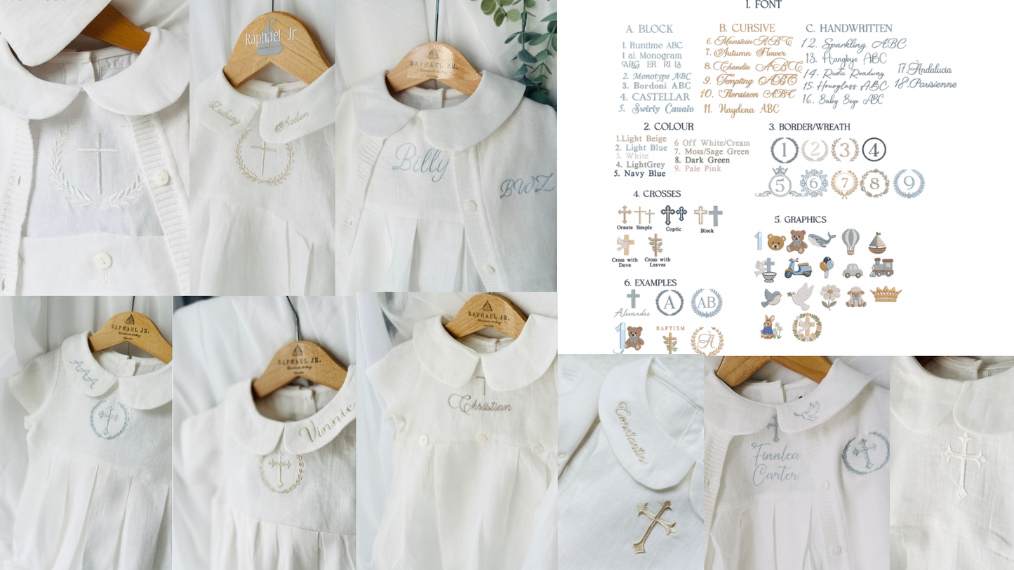Linen Baptism 3/4 length jumpsuit with optional cardigan and embroidery