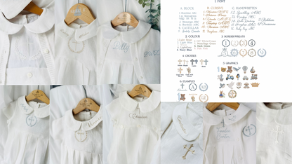 Linen Baptism 3/4 length jumpsuit with optional cardigan and embroidery