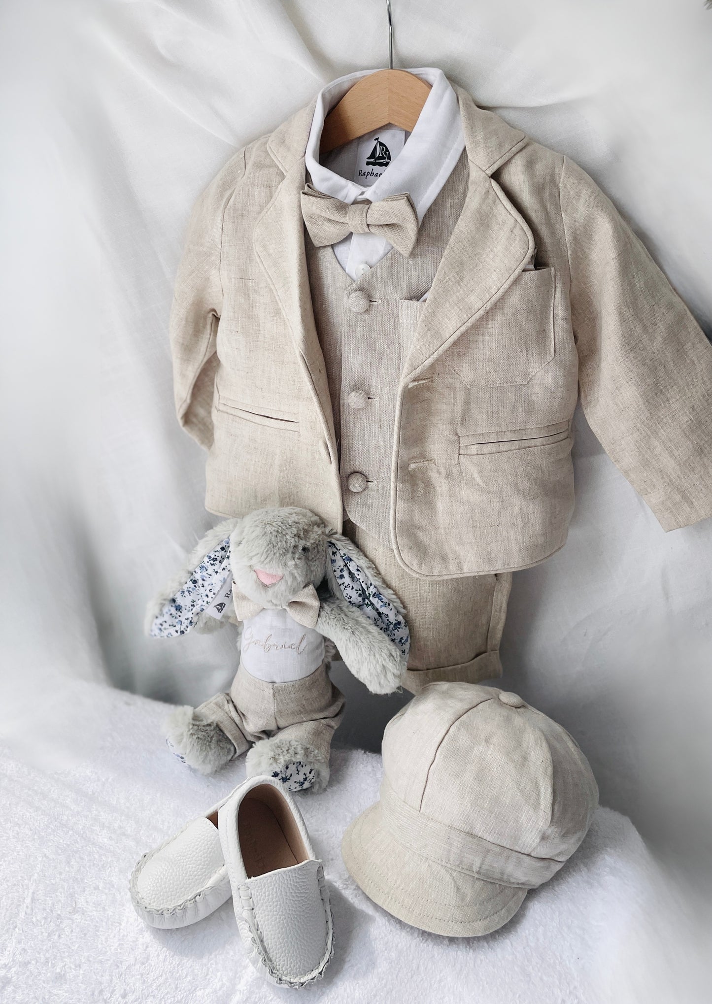 Beige Linen Shorts Shirt Suspenders and Vest set with Optional Cap Jacket and Embroidery