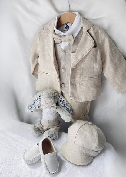 Beige Linen Shorts Shirt Suspenders and Vest set with Optional Cap Jacket and Embroidery