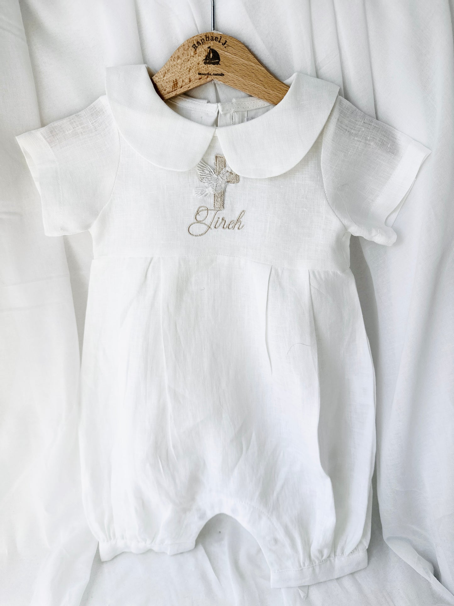 Linen Baptism 3/4 length jumpsuit romper with optional cardigan and embroidery