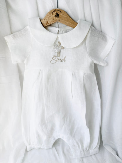 Linen Baptism 3/4 length jumpsuit romper with optional cardigan and embroidery