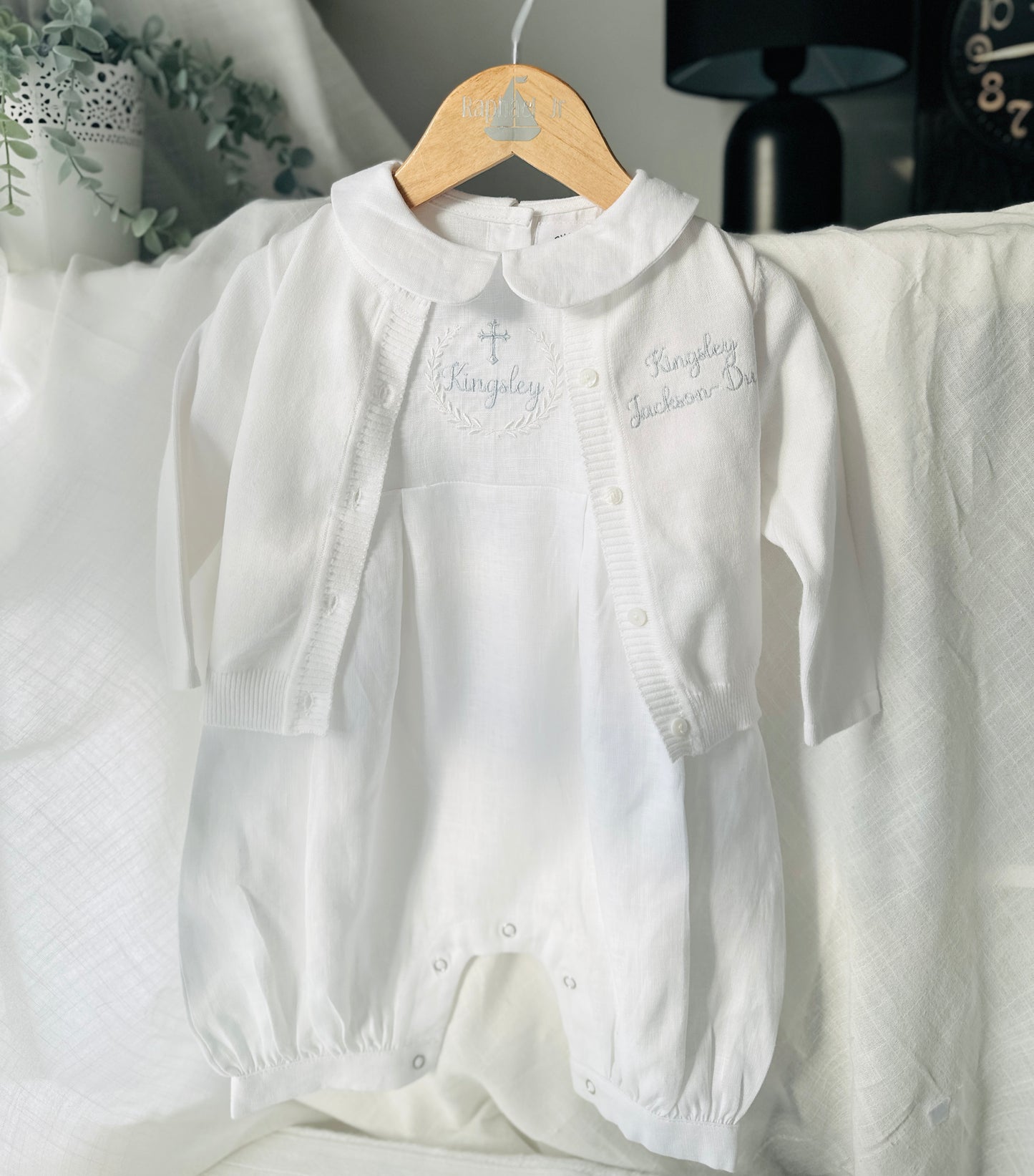 Linen Baptism romper dungaree jumpsuit with optional cardigan and embroidery