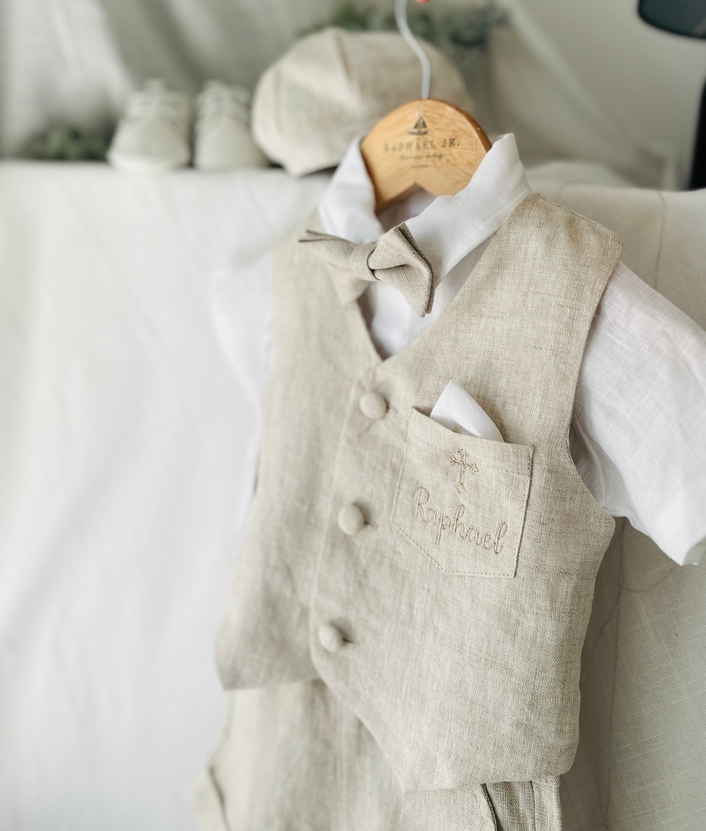 Beige Linen Shorts Shirt Suspenders and Vest set with Optional Cap Jacket and Embroidery