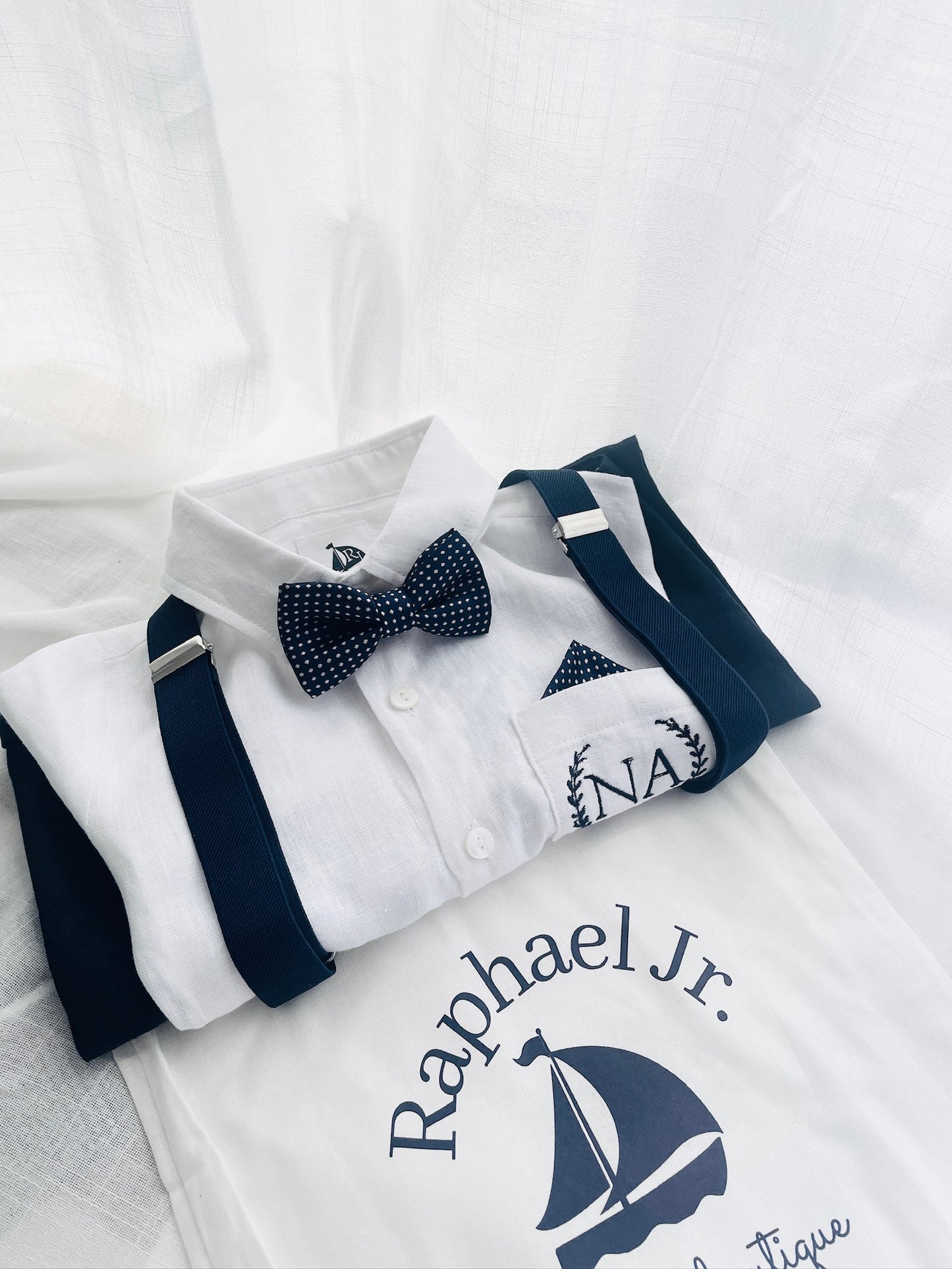 Navy blue linen baby and toddler boys formal baptism or wedding suit with accessories and optional personalisation