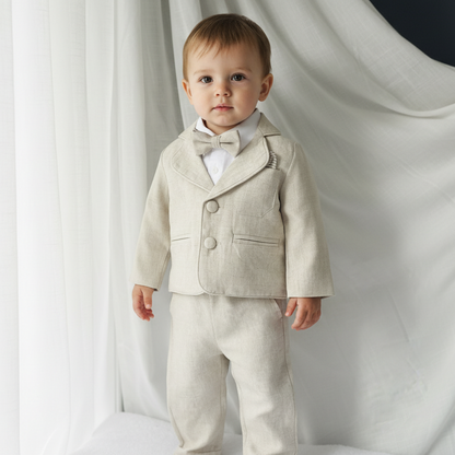 Beige linen pants and shirt set with bowtie and suspenders and optional personalisation