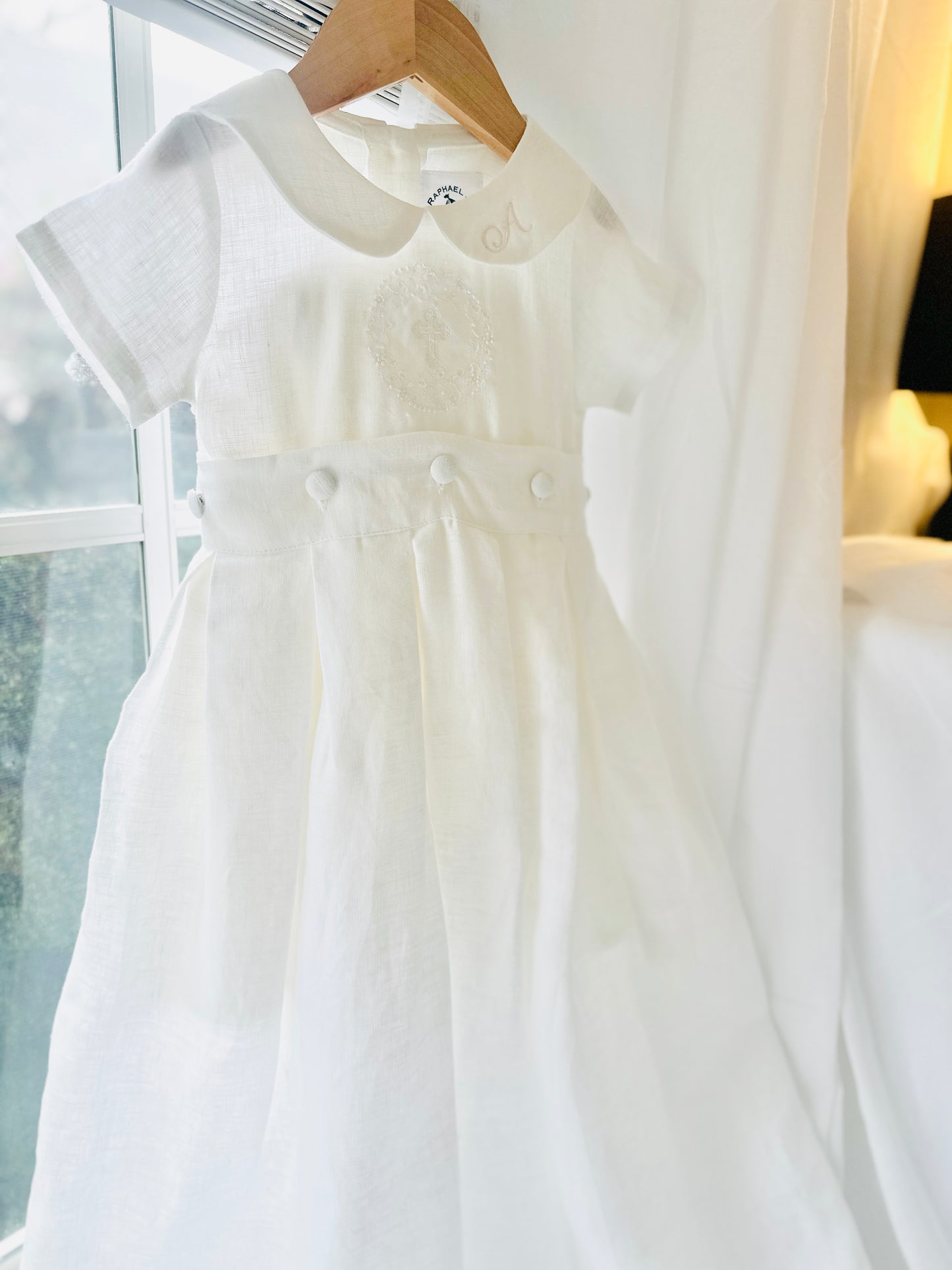 White Linen Baptism dress with detachable long skirt gown