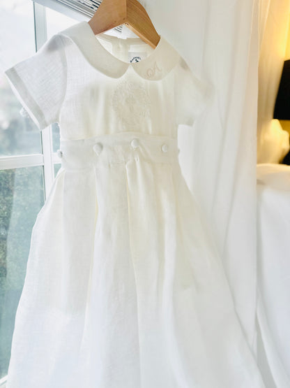 White Linen Baptism dress with detachable long skirt gown