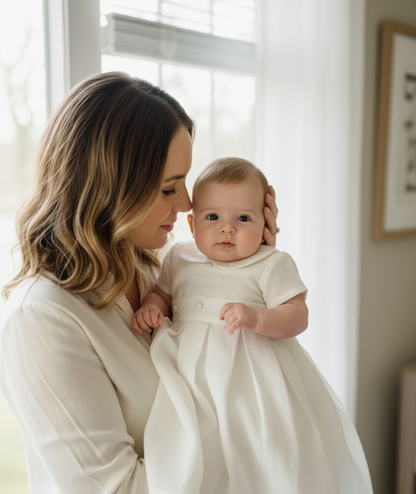 White Linen Baptism dress with detachable long skirt gown