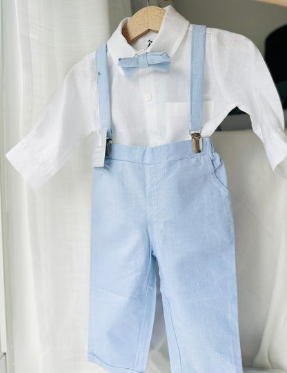 Boys pale blue and white set with vest, pants, linen shirt, bowtie and suspenders, plus optional jacket cap and shoes