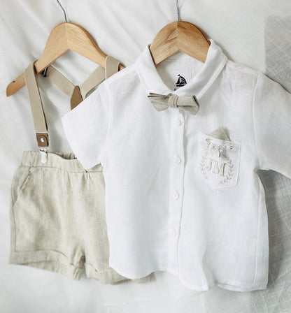 Beige Linen Baptism outfit with suspender shorts, shirt, and bow tie plus optional jacket and embroidery