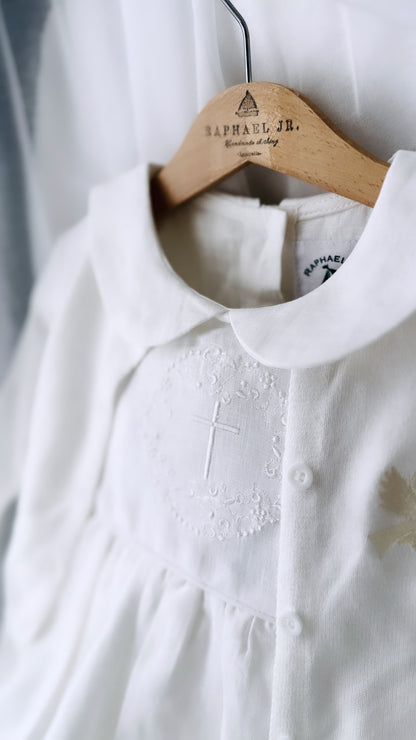 White Linen Baptism dress with detachable long skirt gown