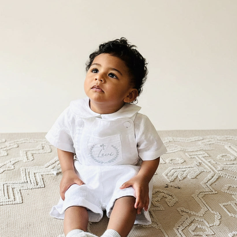 Boys white pure linen overalls suspender shorts with optional linen blouse and embroidery
