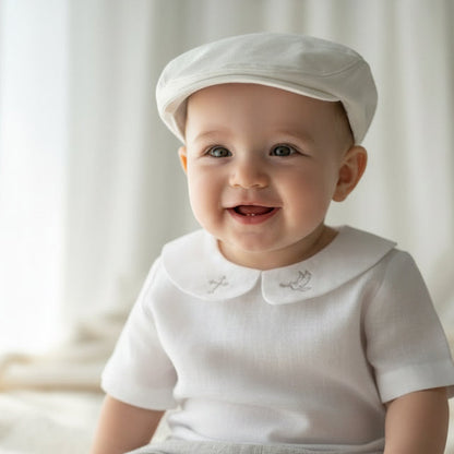 Boys white and grey linen baptism outfit with bloomers and blouse shirt