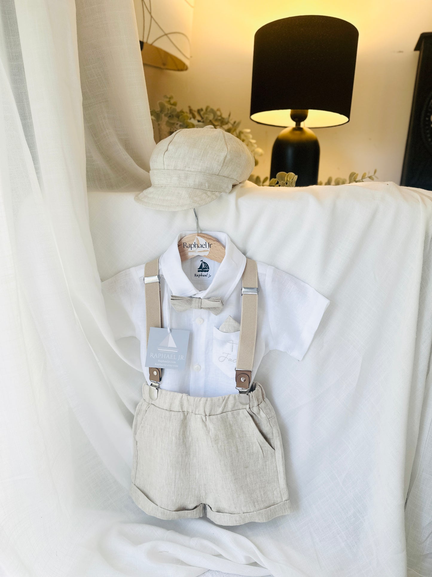 Beige Linen Baptism outfit with suspender shorts, shirt, and bow tie plus optional jacket and embroidery