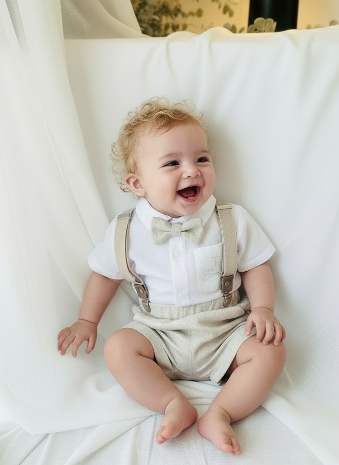Beige Linen Baptism outfit with suspender shorts, shirt, and bow tie plus optional jacket and embroidery