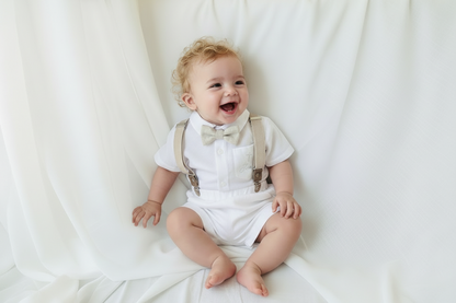 White linen summer Baptism outfit with suspender shorts, shirt, bowtie plus optional extras