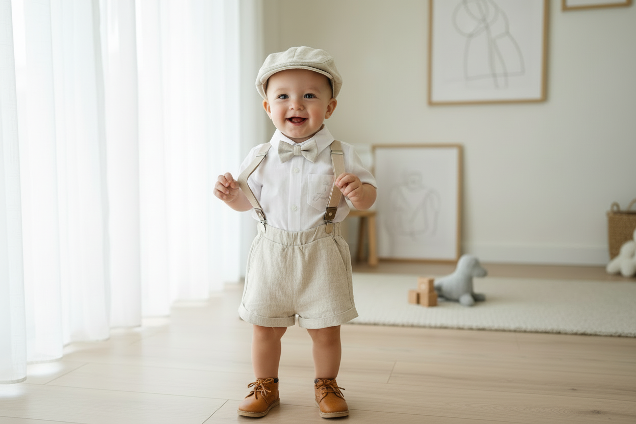 Beige Linen Baptism outfit with suspender shorts, shirt, and bow tie plus optional jacket and embroidery