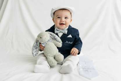 Navy blue and beige formal baptism or wedding suit with accessories and optional personalisation