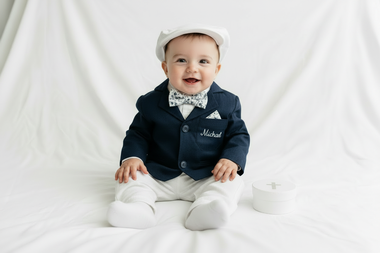 Navy blue and beige formal baptism or wedding suit with accessories and optional personalisation