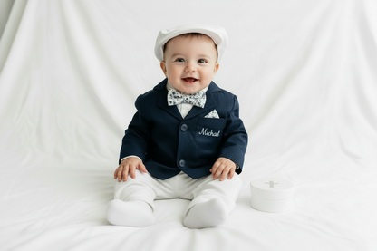 Navy blue and beige formal baptism or wedding suit with accessories and optional personalisation