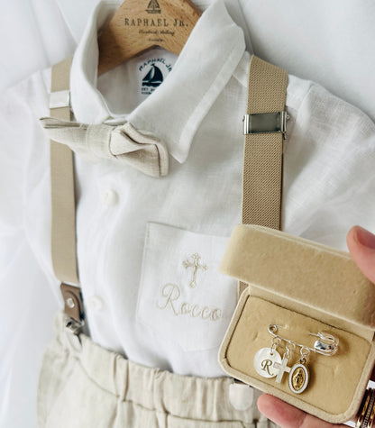 Beige Linen Shorts Shirt Suspenders and Vest set with Optional Cap Jacket and Embroidery
