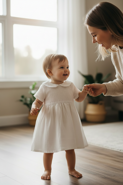 Pure Linen knee length Baptism Dress with embroidery and bloomers and optional ribbon