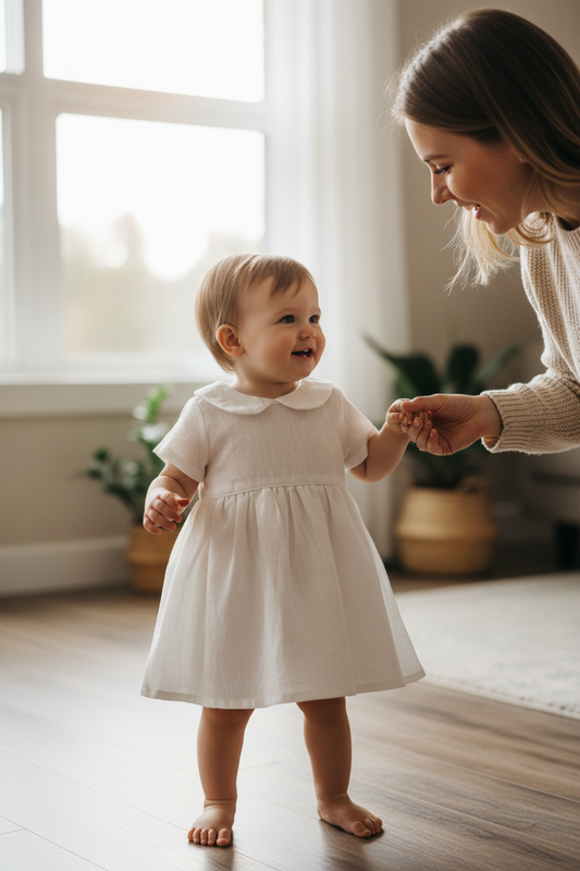 Pure Linen knee length Baptism Dress with embroidery and bloomers