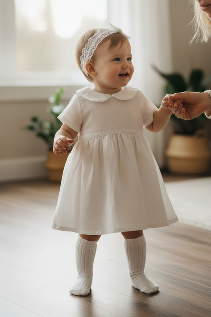Pure Linen knee length Baptism Dress with embroidery and bloomers and optional ribbon