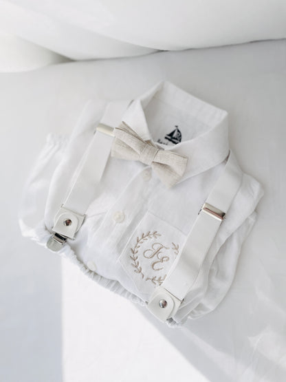 Baby and Toddler Boys white linen baptism outfit with bloomers, shirt, suspenders, bow tie