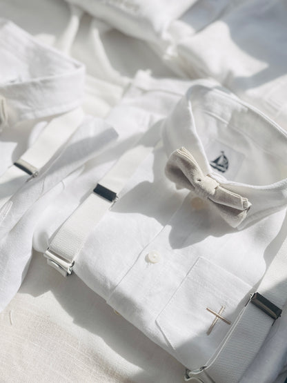 Baby and Toddler Boys white linen baptism outfit with bloomers, shirt, suspenders, bow tie