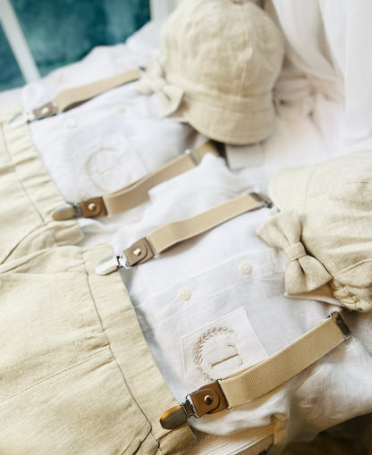 Beige linen pants and shirt set with bowtie and suspenders and optional personalisation