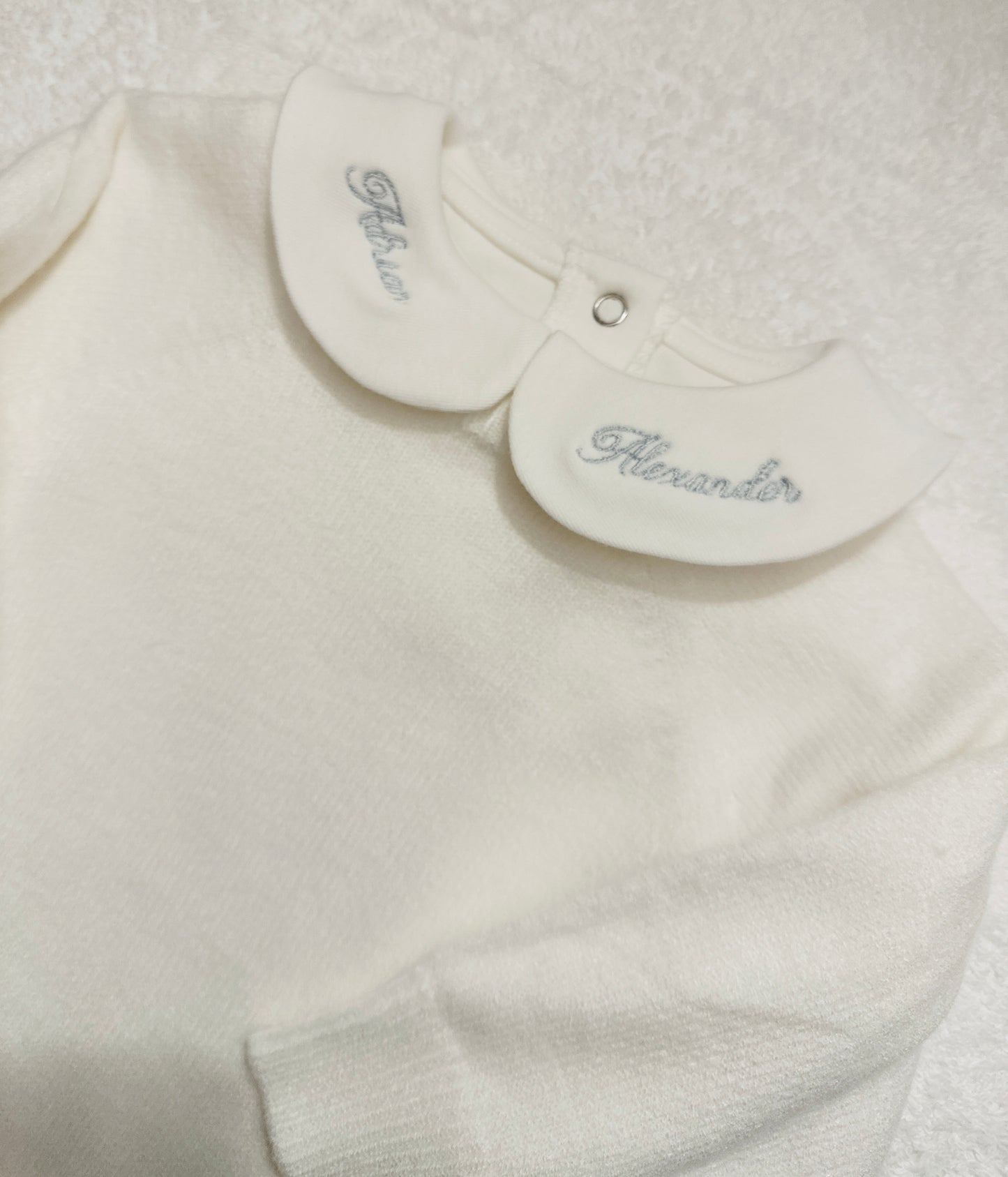 Baptism outfit with cotton onesie and cardigan or jumper and beige linen bloomers and white socks