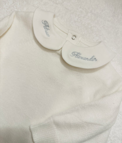 Baptism outfit with cotton onesie and cardigan or jumper and beige linen bloomers and white socks