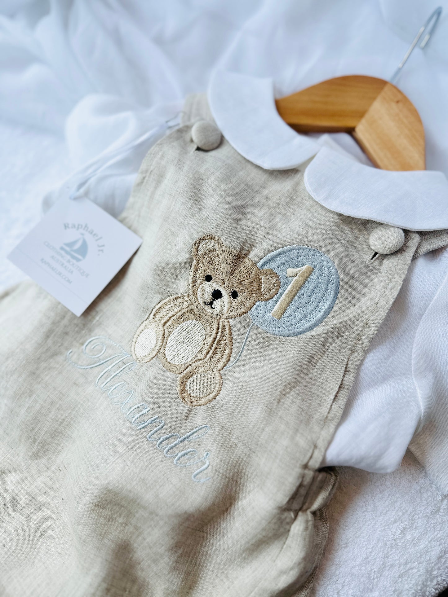 Beige and white linen Birthday and Baptism romper and blouse set