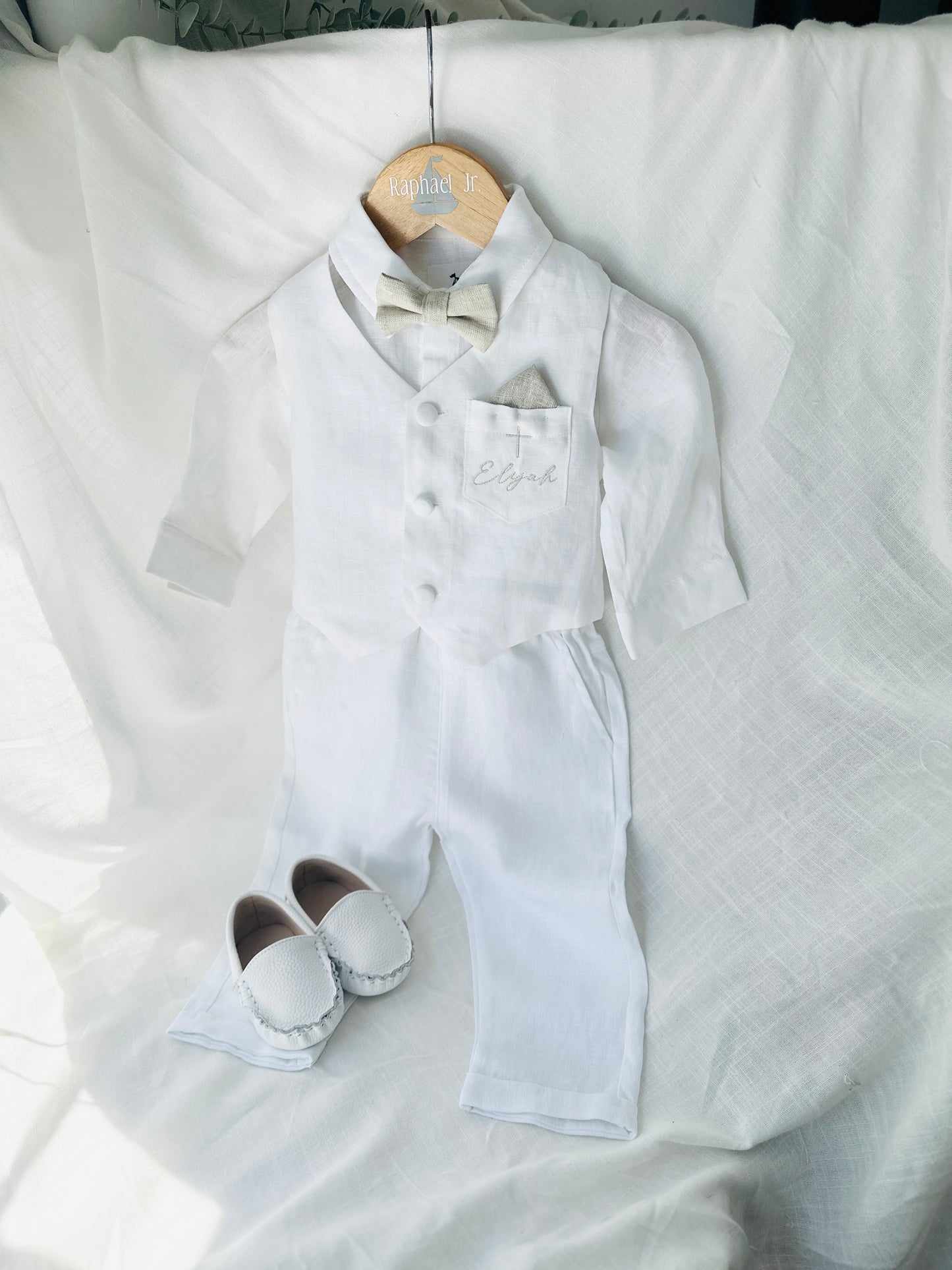 Baby and Toddler Boys white linen outfit with vest, shirt, pants, suspenders and bowtie plus optional blue blazer